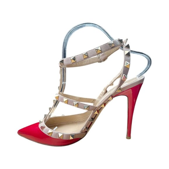 VALENTINO GARAVANI Rockstud Caged Pump EU 38 US 8 Red Patent Pointed High Heel - Picture 4 of 14